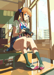 Rule 34 | 1girl, balcony, blue sky, bow, bowtie, brown eyes, brown hair, camera, chair, chikaoka sunao, classroom, collared shirt, day, desk, green socks, grin, highres, house, indoors, looking outside, original, school, school desk, school uniform, shirt, shoes, sky, smile, socks, solo, sunlight, suspenders, table, thighs, twintails, uwabaki, white shirt, window, windowsill