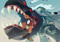 Rule 34 | 1boy, 1other, aqua hoodie, brown footwear, brown shorts, canti, cape, cloud, cloudy sky, fangs, flcl, highres, monster, nandaba naota, open mouth, robot, saliva, shorts, sky, television, tss-mire