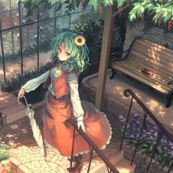 Rule 34 | 1girl, ascot, bench, book, closed mouth, commentary request, flower, full body, green hair, hair flower, hair ornament, holding, holding umbrella, kazami yuuka, long sleeves, looking at viewer, orita enpitsu, outdoors, red eyes, red skirt, red vest, shirt, short hair, skirt, smile, solo, standing, sunflower, touhou, tree, umbrella, vest, white shirt, white umbrella, yellow ascot