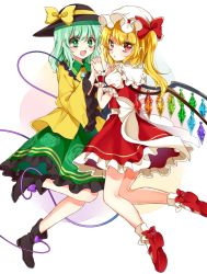 Rule 34 | 2girls, :d, arm garter, ascot, bad id, bad twitter id, black footwear, blonde hair, blush, bobby socks, boots, bow, crystal, eyeball, flandre scarlet, floral print, frilled shirt collar, frilled skirt, frilled sleeves, frills, green eyes, green hair, green skirt, holding hands, hat, hat bow, heart, highres, ikamiso9898, interlocked fingers, kanon (ikamiso), komeiji koishi, long sleeves, looking at viewer, mary janes, mob cap, multiple girls, open mouth, pointy ears, puffy short sleeves, puffy sleeves, red bow, red eyes, red footwear, red shirt, red skirt, sash, shirt, shoes, short hair, short sleeves, side ponytail, skirt, skirt set, smile, socks, third eye, touhou, white bow, white legwear, wide sleeves, wings, wrist cuffs, yellow bow, yellow shirt