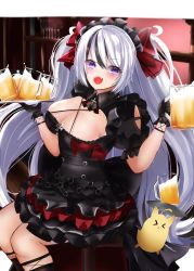 Rule 34 | &gt; &lt;, 1girl, absurdres, alcohol, azur lane, beer, beer mug, black dress, black hair, breasts, cleavage, clothing cutout, cross, cup, dress, elbe (azur lane), elbe (time to show off?) (azur lane), fang, highres, holding, holding tray, iron cross, large breasts, layered dress, looking at viewer, manjuu (azur lane), mug, multicolored hair, official alternate costume, open mouth, purple eyes, rei tuki, short dress, sitting, skin fang, solo, streaked hair, tray, two-tone hair, underboob cutout