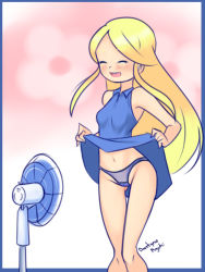 Rule 34 | 1girl, ^ ^, bare legs, bare shoulders, blonde hair, blue dress, blush, breasts, closed eyes, clothes lift, digimon, digimon frontier, drantyno, dress, dress lift, electric fan, fanning crotch, fanning self, female focus, floral background, hand fan, long hair, navel, open mouth, orimoto izumi, panties, pink background, purple panties, sleeveless, sleeveless dress, small breasts, smile, solo, teeth, underwear, upper body
