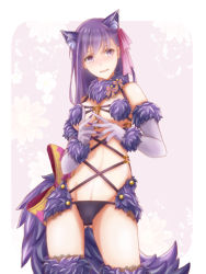 Rule 34 | 1girl, animal ears, blush, breasts, cosplay, elbow gloves, fate/stay night, fate (series), fur-trimmed gloves, fur-trimmed legwear, fur collar, fur trim, gloves, hair between eyes, hair ribbon, large breasts, long hair, looking to the side, mash kyrielight, mash kyrielight (dangerous beast), mash kyrielight (dangerous beast) (cosplay), matou sakura, official alternate costume, open mouth, purple eyes, purple hair, revealing clothes, ribbon, smile, solo, tail, thighhighs, ura komaru