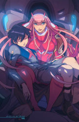 Rule 34 | 10s, 1boy, 1girl, black hair, blue eyes, bodysuit, breasts, brown footwear, closed eyes, couple, darling in the franxx, edwin huang, fringe trim, gloves, green eyes, hair ornament, hairband, hat, hetero, hiro (darling in the franxx), horns, lipstick, long hair, long sleeves, makeup, medium breasts, military, military uniform, necktie, oni horns, orange neckwear, peaked cap, pilot suit, pink hair, red bodysuit, red gloves, red horns, red neckwear, shoes, short hair, sitting, sitting on person, socks, tongue, tongue out, uniform, white hairband, white hat, zero two (darling in the franxx)