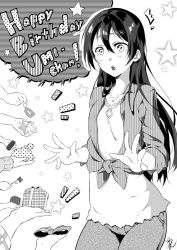 Rule 34 | bad id, bad twitter id, birthday, blush, character name, commentary request, cowboy shot, dated, gift, greyscale, hair between eyes, happy birthday, jewelry, long hair, love live!, love live! school idol project, monochrome, necklace, open mouth, smile, solo focus, sonoda umi, yomotsuka tsukasa