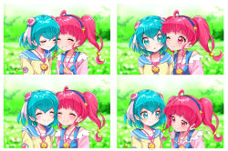 Rule 34 | 2girls, ;), ahoge, blue eyes, blue hair, blue hairband, blurry, blurry background, blush, closed eyes, closed mouth, eru, eye contact, floating hair, grin, hagoromo lala, hair between eyes, hairband, hoshina hikaru, long hair, looking at another, multiple girls, one eye closed, overalls, pink eyes, pink hair, pink shirt, pointy ears, precure, shirt, smile, star-shaped pupils, star (symbol), star twinkle precure, symbol-shaped pupils, upper body, yellow shirt, yuri