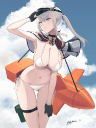 Rule 34 | 1girl, absurdres, alternate costume, artist name, bikini, black choker, black gloves, black hat, blue eyes, blue sky, breasts, capelet, choker, cleavage, cloud, cloudy sky, commentary request, dated, feet out of frame, fritz x, gloves, gluteal fold, graf zeppelin (kancolle), grey hair, hat, highres, kantai collection, large breasts, leaning forward, long hair, navel, odachu, outdoors, partially fingerless gloves, side-tie bikini bottom, sky, solo, swimsuit, thigh strap, twintails, visor cap, white bikini