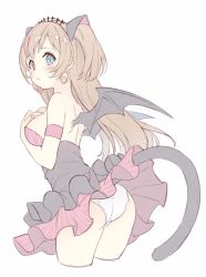 Rule 34 | 1girl, 3.14, animal ears, black dress, blue eyes, blush, breasts, brown hair, cat ears, cat tail, clothes lift, cropped legs, demon wings, dress, dress lift, embarrassed, from behind, girls&#039; frontline, hands on own chest, heterochromia, long hair, looking at viewer, looking back, medium breasts, mk23 (girls&#039; frontline), multicolored hair, panties, parted lips, pink hair, pink skirt, red eyes, simple background, skirt, solo, streaked hair, striped clothes, striped skirt, tail, tareme, two side up, underbust, underwear, upskirt, white background, white panties, wings