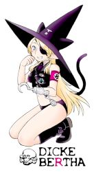 Rule 34 | 1girl, amputee, animal ears, armband, blonde hair, blue eyes, blush, boots, cat ears, cat tail, character name, cross, dicke bertha, eyepatch, flag, german text, grin, hat, hayami rasenjin, hook, hook hand, iron cross, kutsuzure sensen, long hair, nazi, necktie, pointy ears, smile, solo, swastika, tail, very long hair, witch, witch hat