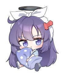 1girl :&lt; blue_archive blue_pajamas blush chibi closed_mouth full_body hairband halo highres long_hair looking_to_the_side mechanical_halo pajamas pillow pink_pupils purple_eyes purple_hair simple_background sitting slippers solo white_background white_hairband white_slippers yabby yuuka_(blue_archive) yuuka_(pajamas)_(blue_archive)