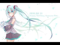 Rule 34 | 10s, 1girl, 2016, bouquet, character name, dated, detached sleeves, floating hair, flower, from side, green eyes, green hair, happy birthday, hatsune miku, letterboxed, long hair, matching hair/eyes, necktie, skirt, solo, toutenkou, twintails, very long hair, vocaloid, white background
