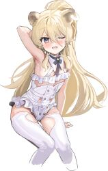 Rule 34 | 1girl, animal ears, arm at side, arm behind head, arm support, arm up, armpits, bear ears, bear girl, black ribbon, blonde hair, blush, clothing cutout, cropped legs, dot nose, dress, earrings, hair between eyes, high ponytail, highres, jewelry, kanzarin, knees together feet apart, long hair, looking at viewer, microdress, neck ribbon, noripro, one eye closed, open mouth, orange eyes, pleated dress, regrush lionheart, ribbon, sidelocks, simple background, single earring, smile, solo, thigh cutout, thighhighs, virtual youtuber, white background, white dress, white thighhighs