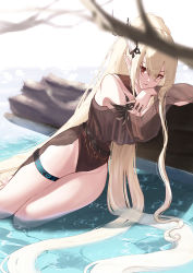 Rule 34 | 1girl, absurdres, aoi tooru, arknights, arm support, bare shoulders, belt, black one-piece swimsuit, blonde hair, branch, casual one-piece swimsuit, closed mouth, highres, horns, infection monitor (arknights), log, long hair, looking at viewer, one-piece swimsuit, pointy ears, ponytail, reclining, red eyes, see-through, shallow water, shining (arknights), shining (silent night) (arknights), simple background, smile, solo, swimsuit, swimsuit cover-up, thighlet, thighs, very long hair, water, white background