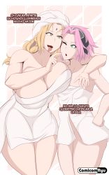 Rule 34 | 2girls, absurdres, age difference, alternate breast size, alternate hairstyle, arms around shoulders, blonde hair, breasts, comicom-ryu, curvy, green eyes, hand on own hip, haruno sakura, height difference, highres, huge breasts, large breasts, mature female, multiple girls, naked towel, naruto, naruto (series), naruto shippuuden, pink hair, small breasts, spanish text, teacher and student, tongue, tongue out, towel, towel on head, tsunade (naruto), wide hips, yuri
