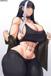 Rule 34 | 1girl, abs, absurdres, black hair, blunt bangs, braid, breasts, choker, commission, cowboy shot, cromwellb, highres, huge breasts, long hair, looking at viewer, muscular, muscular female, navel, original, pixiv commission, pubic tattoo, simple background, solo, sports bra, tattoo, thick thighs, thighs, twitter username, white background, white hair, yellow eyes