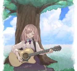 Rule 34 | :3, acoustic guitar, blush, bow, brooch, center frills, closed eyes, cloud, frills, grass, guitar, hair ornament, highres, instrument, jewelry, konjiki ginbe, medium hair, music, nijisanji, no shoes, pantyhose, playing instrument, singing, sitting, skirt, sky, smile, solo, striped bow, striped clothes, striped legwear, striped pantyhose, striped skirt, suzuhara lulu, tree, vertical-striped clothes, vertical-striped legwear, vertical-striped pantyhose, virtual youtuber, x hair ornament, yokozuwari