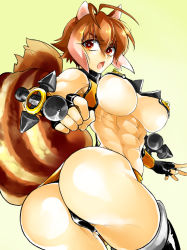 Rule 34 | 1girl, abs, animal ears, antenna hair, ass, bad id, bad pixiv id, blazblue, breasts, brown eyes, brown hair, dual wielding, fingerless gloves, from behind, fujino ran, gloves, holding, large breasts, makoto nanaya, microskirt, multicolored hair, revealing clothes, skirt, solo, squirrel ears, squirrel tail, tail, thighhighs, thong, tonfa, two-tone hair, underboob, weapon