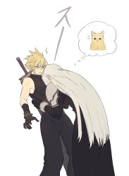 Rule 34 | 2boys, ah yoshimizu, armor, belt, black coat, black gloves, black pants, black sweater, blank eyes, blonde hair, cat, cloud strife, coat, commentary request, cropped torso, final fantasy, final fantasy vii, gloves, grey hair, hands on another&#039;s waist, head on chest, highres, image in thought bubble, leaning back, leaning forward, long coat, long hair, long sleeves, male focus, multiple boys, pants, pauldrons, puffy pants, sephiroth, short hair, shoulder armor, simple background, sleeveless, sleeveless turtleneck, spiked hair, sweater, sword, thought bubble, turtleneck, weapon, weapon on back, white background, yaoi, yellow fur