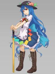 Rule 34 | 1girl, blue hair, boots, bow, bowtie, food, fruit, full body, grey background, hat, hinanawi tenshi, kurione (zassou), leaf, long hair, looking at viewer, open mouth, peach, puffy sleeves, red eyes, shirt, short sleeves, simple background, skirt, solo, sword of hisou, touhou, very long hair