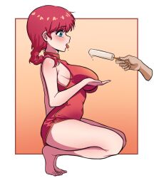 Rule 34 | 1girl, barefoot, blue eyes, blush, braid, breasts, chinese clothes, crying, erenav, food, genderswap, genderswap (mtf), highres, ice cream, large breasts, open mouth, popsicle, ranma-chan, ranma 1/2, red hair, revision, saotome ranma, sexually suggestive, single braid, solo focus, squatting, tearing up, tears, thighs, tongue, tongue out
