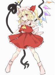 Rule 34 | ascot, back bow, blonde hair, bow, collared shirt, crystal, flandre scarlet, frilled shirt collar, frilled sleeves, frills, full body, hat, hat bow, highres, laevatein (touhou), medium hair, mob cap, one side up, outstretched arm, paragasu (parags112), pink bow, pink hat, pink shirt, puffy short sleeves, puffy sleeves, red bow, red eyes, red skirt, red vest, shirt, short sleeves, sketch, skirt, skirt set, solo, spread legs, standing, touhou, vest, white background, white hat, wings, yellow ascot