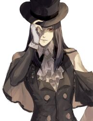 Rule 34 | 1other, androgynous, ascot, asymmetrical sleeves, bare shoulders, black hair, fingerless gloves, gloves, guilty gear, guilty gear strive, hat, highres, hiyon99x, long hair, looking at viewer, other focus, red eyes, solo, testament (guilty gear), top hat, white ascot
