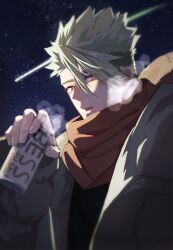 Rule 34 | 1boy, absurdres, achilles (fate), alcohol, beer can, black shirt, breath, can, coat, drink can, fate/grand order, fate (series), green hair, hair between eyes, haruakira, highres, holding, holding can, looking at viewer, male focus, night, night sky, orange eyes, orange scarf, scarf, shirt, shooting star, sky, solo, star (sky), undercut, upper body, winter, winter clothes, winter coat