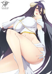 Rule 34 | 1girl, ahoge, albedo (overlord), artist logo, artist name, bare shoulders, black hair, black wings, blush, breasts, demon girl, demon horns, detached collar, dress, elbow gloves, feathered wings, gloves, hair between eyes, hand on own chest, hand on own thigh, highres, horns, jewelry, kaos art, large breasts, loincloth, long hair, looking at viewer, low horns, low wings, navel, off-shoulder dress, off shoulder, overlord (maruyama), parted lips, ring, slit pupils, smile, solo, thick thighs, thighs, very long hair, white background, white dress, white gloves, white horns, wings, yellow eyes