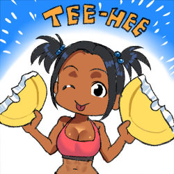 Rule 34 | 1girl, ;p, abs, arung samudra (cessa), black hair, breasts, cessa, chibi, cleavage, commentary, dark skin, dark-skinned female, english commentary, forehead, hair bobbles, hair ornament, large breasts, lowres, ombok diving and delivery services, one eye closed, pac-man eyes, pink sports bra, short twintails, solo, sports bra, styrofoam, tongue, tongue out, twintails, very dark skin