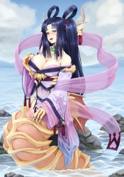 Rule 34 | 1girl, animal hands, barbariank, bare shoulders, black hair, blush, breasts, claws, cleavage, covered navel, dragon girl, dragon horns, eyeshadow, hagoromo, hair ornament, hair rings, half-closed eyes, highres, horns, japanese clothes, jewelry, large breasts, long hair, looking at viewer, makeup, md5 mismatch, monster girl, monster girl encyclopedia, monster girl encyclopedia ii, ocean, open mouth, otohime (monster girl encyclopedia), purple eyes, rock, shawl, sitting, smile, solo, twintails, water, wide sleeves