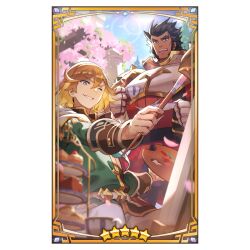Rule 34 | 2boys, armor, bara, blonde hair, blue sky, breastplate, brown eyes, brown hair, cup, dragalia lost, easel, emile (dragalia lost), flower, food, green eyes, holding, holding cup, holding paintbrush, holding palette, holding plate, long sideburns, looking at object, male focus, misossu, multiple boys, official art, one eye closed, open mouth, paint, paintbrush, painting (action), painting (medium), palette (object), pastry, plate, sideburns, sky, smile, star (symbol), sun, sun glare, teacup, tiered tray, traditional media, tree, valyx (dragalia lost)