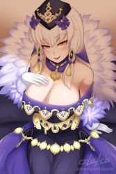 Rule 34 | 1girl, alternate breast size, black hat, breasts, cleavage, cslucaris, dress, fire emblem, fire emblem: three houses, fire emblem heroes, fur trim, gloves, hair ornament, hat, highres, large breasts, long hair, looking at viewer, lysithea von ordelia, naughty face, nintendo, open mouth, pink eyes, sitting, solo, watermark, web address, white gloves, white hair