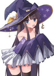 Rule 34 | 1girl, absurdres, alternate costume, azur lane, bare shoulders, black thighhighs, blunt bangs, blush, bow, brown hair, camisole, candy, collarbone, crescent, detached sleeves, food, hat, hat bow, hat ornament, highres, leaning forward, lollipop, long hair, long island (azur lane), long island (long island&#039;s spooky stream) (azur lane), long sleeves, looking at viewer, misonikomi, mouth hold, purple hat, simple background, sleeves past fingers, sleeves past wrists, solo, spaghetti strap, straight hair, strap slip, thighhighs, very long hair, white background, witch hat, yellow bow