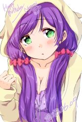 Rule 34 | 1girl, 2018, :o, blush, breasts, character name, cleavage, dated, green eyes, happy birthday, highres, hood, hoodie, long hair, long sleeves, looking to the side, love live!, love live! school idol festival, love live! school idol project, medium breasts, purple hair, sen (sen0910), simple background, solo, tojo nozomi, twintails, upper body, white background, yellow hoodie