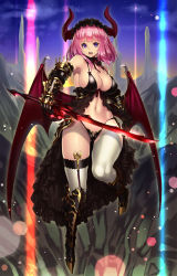 Rule 34 | 1girl, armor, babydoll, bat wings, blue eyes, blush, breasts, demon girl, demon horns, demon wings, full body, gauntlets, greaves, hairband, highres, horns, houtengeki, large breasts, linea alba, lolita hairband, looking at viewer, medium hair, no bra, open mouth, original, outdoors, pink hair, revealing clothes, short hair, sideboob, sky, solo, star (sky), strap gap, sword, tagme, thighhighs, thighs, weapon, white thighhighs, wide hips, wings