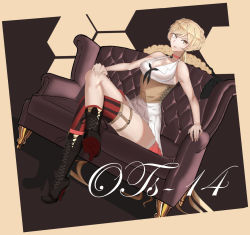 Rule 34 | 1girl, armchair, black footwear, black neckerchief, blonde hair, boots, braid, breasts, brown corset, chair, character name, choker, corset, crossed legs, dress, garter straps, girls&#039; frontline, hand on own knee, high heel boots, high heels, highres, long hair, looking at viewer, medium breasts, neckerchief, ots-14 (girls&#039; frontline), ponytail, red choker, saturndxy, simple background, single thighhigh, sitting, solo, star (symbol), star choker, striped clothes, striped thighhighs, thighhighs, white dress, yellow eyes