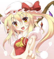 1girl bad_id bad_pixiv_id blonde_hair blouse collared_shirt embodiment_of_scarlet_devil female_focus flandre_scarlet fuyuno_taka gradient_background hair_between_eyes hat mob_cap ponytail shirt short_hair side_ponytail solo touhou white_hat white_shirt wings yellow_eyes