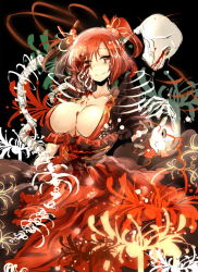 Rule 34 | 1girl, blood, blood on face, blood on clothes, bloody dress, bloody tears, breasts, cleavage, coin, collarbone, dark persona, dress, flower, hair bobbles, hair ornament, large breasts, looking at viewer, no bra, onozuka komachi, red dress, red eyes, red hair, sash, shigureru, skeleton, smile, solo, spider lily, tears, touhou, two side up