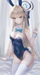 Rule 34 | 1girl, animal ears, bare shoulders, blonde hair, blue archive, blue bow, blue eyes, blue hairband, blue leotard, bow, bowtie, braid, breasts, detached collar, earpiece, earrings, fake animal ears, hairband, halo, highleg, highleg leotard, highres, jewelry, leotard, long hair, medium breasts, microphone, official alternate costume, official alternate hairstyle, parted lips, playboy bunny, rabbit ears, rabbit tail, sitting, solo, stud earrings, tail, thighhighs, thighs, toki (blue archive), toki (bunny) (blue archive), v, vennie, very long hair, white thighhighs, wrist cuffs