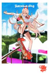 Rule 34 | + +, 1girl, 2020 summer olympics, alternate costume, black shorts, blonde hair, blue sky, blurry, blurry background, chainsaw man, cloud, cloudy sky, commentary, copyright name, cross-shaped pupils, day, demon horns, english text, full body, hair between eyes, highres, horns, jumping, long hair, looking down, multicolored shirt, nike (company), outdoors, outstretched arms, parted lips, pochita (chainsaw man), power (chainsaw man), product placement, railing, red eyes, red footwear, sharp teeth, shirt, shoes, short shorts, short sleeves, shorts, skateboard, skateboarding, sky, sneakers, socks, solo, symbol-shaped pupils, t-shirt, takeuchi ryousuke, teeth, translated, white shirt, white socks