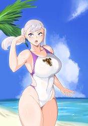 Rule 34 | 1girl, beach, black clover, breasts, competition swimsuit, curvy, female focus, hair flip, highres, large breasts, linkxs, looking away, noelle silva, one-piece swimsuit, open mouth, purple eyes, silver hair, swimsuit, teeth, thick thighs, thighs, tongue, twintails, water, wide hips