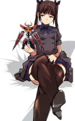 Rule 34 | 1girl, blue ribbon, blue skirt, brown eyes, brown footwear, brown hair, brown legwear, buttons, closed mouth, crossed legs, double-breasted, gaiking, gaiking (dmg), garter straps, grey jacket, hair ornament, highres, holding, holding toy, jacket, kamisimo 90, looking at viewer, mecha, original, ribbon, robot, shoes, simple background, sitting, skirt, smile, solo, toy, twintails