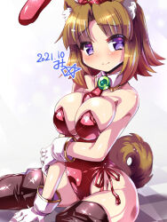 Rule 34 | 1girl, animal ear fluff, animal ears, arcana heart, arcana heart 2, bare shoulders, between breasts, blush, boots, breast hold, breasts, breasts squeezed together, brown hair, cleavage, dated, detached collar, dog ears, dog girl, dog tail, extra ears, gloves, highleg, highleg leotard, inuwaka nazuna, large breasts, leotard, looking at viewer, medium hair, miuku (marine sapphire), necktie, necktie between breasts, on floor, playboy bunny, purple eyes, rabbit ears, red necktie, side-tie costume, signature, sitting, solo, tail, thigh boots, white gloves