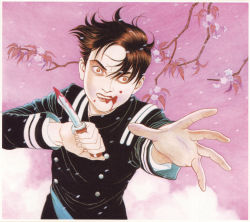 Rule 34 | 1boy, blood, blood on face, brown eyes, brown hair, cherry blossoms, clenched teeth, flower, highres, knife, male focus, mori konosuke, official art, outstretched arm, parted lips, pink background, solo, suehiro maruo, teeth, upper body, vampire, warau kyuuketsuki, weapon, wind