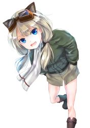 Rule 34 | 1girl, animal ears, bad id, bad pixiv id, blonde hair, blue eyes, boots, carla j. luksic, cat ears, commentary, from above, goggles, goggles on head, hands in pockets, hitomi karera, jacket, leaning forward, long hair, looking at viewer, looking up, low-tied long hair, low twintails, noble witches, open mouth, simple background, smile, solo, twintails, walking, white background, world witches series