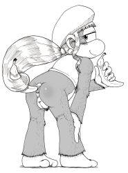 Rule 34 | 1girl, anal, ape, banana, barefoot, bottomless, dixie kong, donkey kong (series), donkey kong country, food, fruit, half-closed eyes, hat, highres, jewelry, long hair, mario (series), monochrome, naughty face, nintendo, ponytail, smile, solo, super mario bros. 1, toes