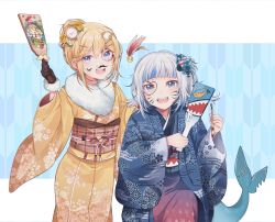 Rule 34 | 2girls, :d, blonde hair, blue eyes, blue hair, blue kimono, blue nails, blush, breasts, brown gloves, clock hair ornament, commentary, egasumi, english commentary, facepaint, facial mark, fake facial hair, fake mustache, fins, fish tail, floral print, flower, gawr gura, gloves, hagoita, hair flower, hair ornament, hairband, hairclip, hane (hanetsuki), hanetsuki, haori, highres, holding, holding paintbrush, hololive, hololive english, japanese clothes, kimono, long sleeves, looking at viewer, mitsumine (ookami no oyashiro), multicolored hair, multiple girls, nail polish, obi, open mouth, paddle, paintbrush, print kimono, sash, shark hair ornament, shark tail, sharp teeth, short hair, silver hair, smile, smol ame, streaked hair, tail, teeth, virtual youtuber, watson amelia, whisker markings