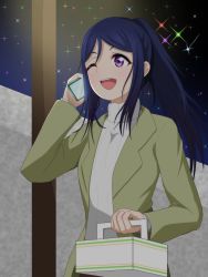 Rule 34 | 1girl, artist name, artist request, black sky, blue hair, blue sky, blush, breasts, brown cardigan, brown jacket, cardigan, cellphone, female focus, hair between eyes, highres, holding, holding cellphone, holding phone, jacket, long hair, looking at viewer, love live!, love live! sunshine!!, lunchbox, matsuura kanan, night, night sky, noodle (nunun dolphin), one eye closed, outdoors, parted lips, phone, ponytail, purple eyes, shirt, sky, small breasts, smile, solo, star (sky), striped clothes, striped shirt, sweater, vertical-striped clothes, vertical-striped shirt, vertical-striped sweater, white shirt, white sweater