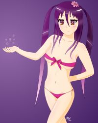 Rule 34 | + +, 1girl, 2019, absurdres, arm behind back, bikini, blush, breasts, character request, collarbone, colored skin, cowboy shot, dated, flower, hand up, highres, long hair, looking at viewer, medium breasts, original, purple background, purple bikini, purple eyes, purple hair, qtist, side-tie bikini bottom, simple background, smile, solo, stomach, strapless, strapless bikini, swimsuit, twintails, white skin