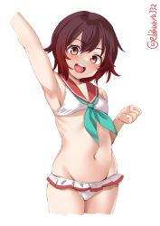 Rule 34 | 1girl, :d, arm up, armpits, bikini, blush, breasts, brown eyes, brown hair, ebifurya, frilled bikini, frills, highres, kantai collection, looking at viewer, mutsuki (kancolle), navel, open mouth, short hair, simple background, small breasts, smile, solo, swimsuit, teeth, twitter username, upper teeth only, white background, white bikini